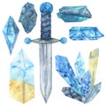 Crystals of blue and beige colors and a steel dagger