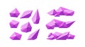 Crystals broken into pieces. Set of smashed pink crystals. Broken amethyst gemstones for rocky landscapes. Vector