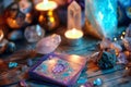 Crystals, candles and other divination tools next to the tarot cards. Generative AI Royalty Free Stock Photo