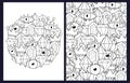 Whimsical doodle coloring pages set with crystals and eyes. Black and white abstract templates