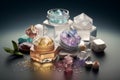 Crystals in cosmetic jars, colorful sea salt, spa stones. Naturopathy and aromatherapy still life, AI generated image