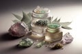 Crystals in cosmetic jars, colorful sea salt, spa stones. Naturopathy and aromatherapy still life, AI generated image