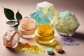 Crystals in cosmetic jars, colorful sea salt, spa stones. Naturopathy and aromatherapy still life, AI generated image