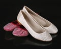 Crystals encrusted beige and red flat shoes