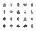 Crystals flat glyph icons set. Mineral rock, diamond shape, salt, abstract gemstone, magic crystal vector illustrations