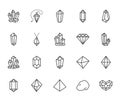 Crystals flat line icons set. Mineral rock, diamond shape, salt, abstract gemstone, magic crystal vector illustrations