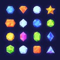 Crystals game color set. Mobile interface shiny jewelry of various geometric shapes blue diamonds orange sapphires green