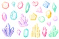 Crystals and gems. Pink and purple gemstones, beautiful jewels, mineral stone pastel crystal stalagmites, geology