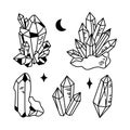 Crystals or gemstones cliparts bundle, doodle gem collection, jewelry stone or diamond set, black and white isolated