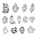 Crystals or gemstones cliparts bundle, doodle gem collection, jewelry stone or diamond set, black and white isolated