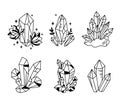 Crystals or gemstones cliparts bundle, doodle gem collection, jewelry stone or diamond set, black and white isolated