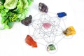 Crystals healing 7 chakras aligned in seven chakras, Merkaba, MetatronÃ¢â¬â¢s Cube sacred geometry space spiritual new age,