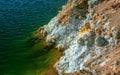 Crystals of iron sulfate and conta at abandoned open pit copper mine. Crystals of iron sulfate and contaminated water Royalty Free Stock Photo