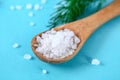 Crystals of large sea salt in a wooden spoon and dill on a blue table. Royalty Free Stock Photo