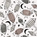 Seamless pattern with crystals, moon, stars. Decorative background with gems