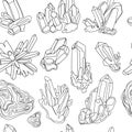 Crystals and natural minerals seamless pattern Line art drawing in doodle style vector illustration.Gemstones sketch