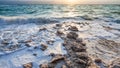 Crystals of salt on shore of Dead Sea on sunset Royalty Free Stock Photo