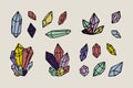 Crystals set, assorted colored gemstones various shapes, boho mystical witchy hand drawn style Royalty Free Stock Photo
