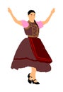 Csardas dancer vector illustration. Folklore Hungary. Bavarian woman on October fest. Balkan traditional wedding dancing.