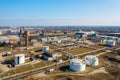 Aerial view about oil silos at Budapest freeport next to Danube river. Royalty Free Stock Photo