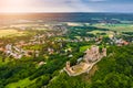 Csesznek, Hungary - Aerial panoramic view of the hilltop Castle of Csesznek and Csesznek city at sunset on a summer afternoo Royalty Free Stock Photo