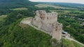 Csesznek, Hungary - 4K drone descending by the ruins of the Castle of Csesznek lies in the Bakony in the village of Csesznek