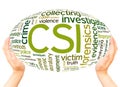 CSI Crime Scene Investigation word cloud hand sphere concept