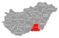 Csongrad red highlighted in map of Hungary Royalty Free Stock Photo