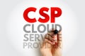 CSP Cloud Service Provider handwritten on clear glass. Modern internet and computing concept focusing on data storage, virtual Royalty Free Stock Photo