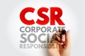 CSR Corporate Social Responsibility - type of business self-regulation with the aim of being socially accountable, acronym text
