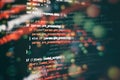 CSS, JavaScript and HTML usage. Monitor closeup of function source code. Abstract IT technology background. Software source code Royalty Free Stock Photo