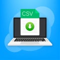 CSV file icon with laptop. Spreadsheet document type. Modern flat design graphic illustration. Vector CSV icon.