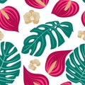 Ctor seamless tropical pattern, vivid tropic foliage, with leaves, flowers. Modern bright summer print design