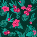 Ctor seamless tropical pattern, vivid tropic foliage, with leaves, flowers. Modern bright summer print design