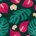 Ctor seamless tropical pattern, vivid tropic foliage, with leaves, flowers. Modern bright summer print design