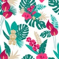 Ctor seamless tropical pattern, vivid tropic foliage, with leaves, flowers. Modern bright summer print design