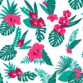 Ctor seamless tropical pattern, vivid tropic foliage, with leaves, flowers. Modern bright summer print design