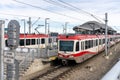 CTrain stop by McKnight Westwinds stations platform. CTrain light rail system. Calgary Transit. Royalty Free Stock Photo