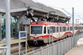 CTrain stop by McKnight Westwinds stations platform. CTrain light rail system. Calgary Transit. Royalty Free Stock Photo