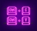 Ctrl C and Ctrl V computer keyboard neon buttons. Desktop interface. Web icon. Vector stock illustration.