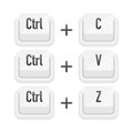 Ctrl plus C, Ctrl plus V and Ctrl plus Z white 3D button on white background. Computers particles keyboards. Vector