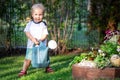 Cuate adorable caucasian blond little toddler boy in watering flowerbed flower pot with green plastic can outdoors. Fun baby boy Royalty Free Stock Photo