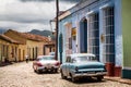 Cuba caribbean a classic cars parked on the street in Trinidad