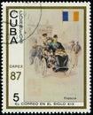 CUBA - CIRCA 1987: postage stamp 5 Cuban centavos printed by Republic of Cuba, shows Auto post, France