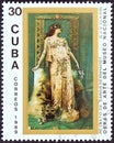 CUBA - CIRCA 1989: A stamp printed in Cuba shows portrait of Sarah Bernhardt Georges Jules Victor Clairin, circa 1989.