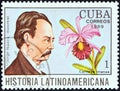 CUBA - CIRCA 1989: A stamp printed in Cuba shows Jorge Isaacs and Cattleya trianae Colombia, circa 1989. Royalty Free Stock Photo