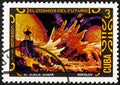 CUBA - CIRCA 1974: A stamp printed in Cuba shows futurisric cosmic scenery, the series Cosmos of the future - Waves on Royalty Free Stock Photo