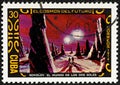 CUBA - CIRCA 1974: A stamp printed in Cuba shows futurisric cosmic scenery, the series Cosmos of the future - The world Royalty Free Stock Photo