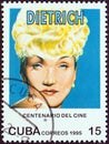 CUBA - CIRCA 1995: A stamp printed in Cuba shows Marlene Dietrich, circa 1995. Royalty Free Stock Photo