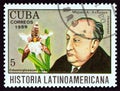 CUBA - CIRCA 1989: A stamp printed in Cuba shows Miguel Asturias and Odontoglossum rossii Guatemala, circa 1989.